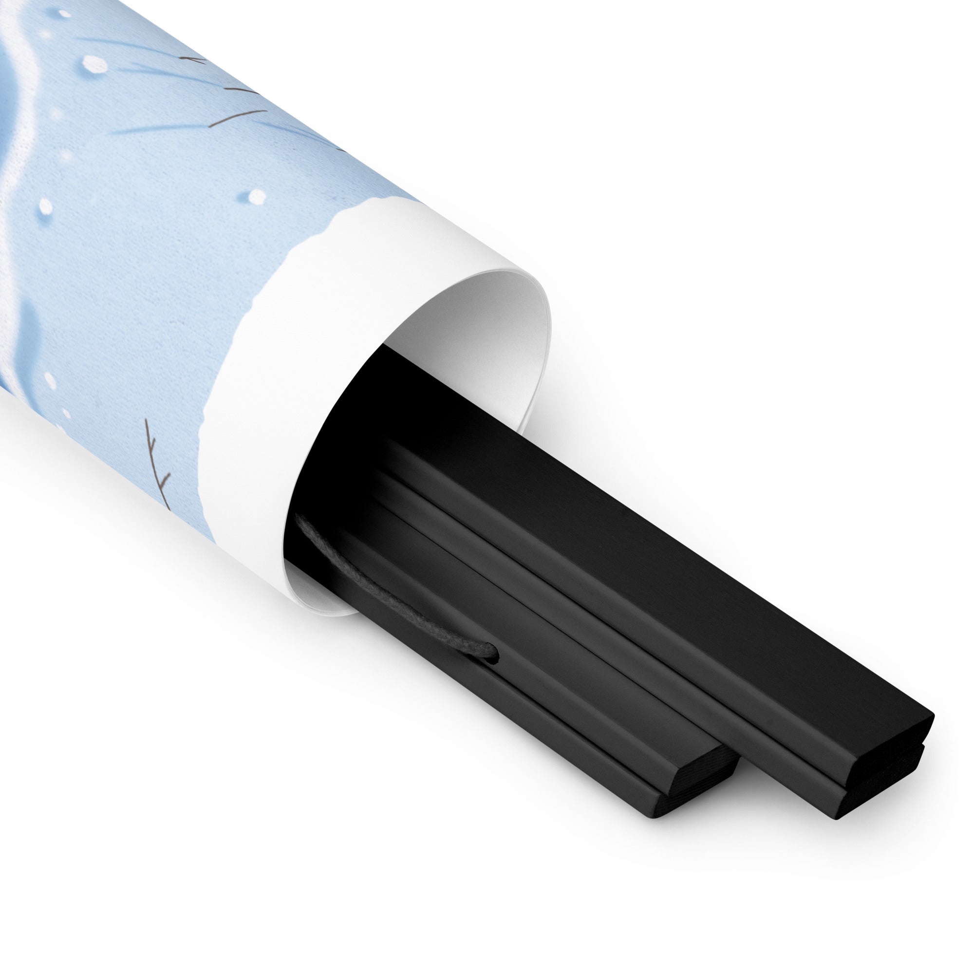 A black tube with a custom design snowy scene on the In Season, Every Season Poster from Shop Wyman's.