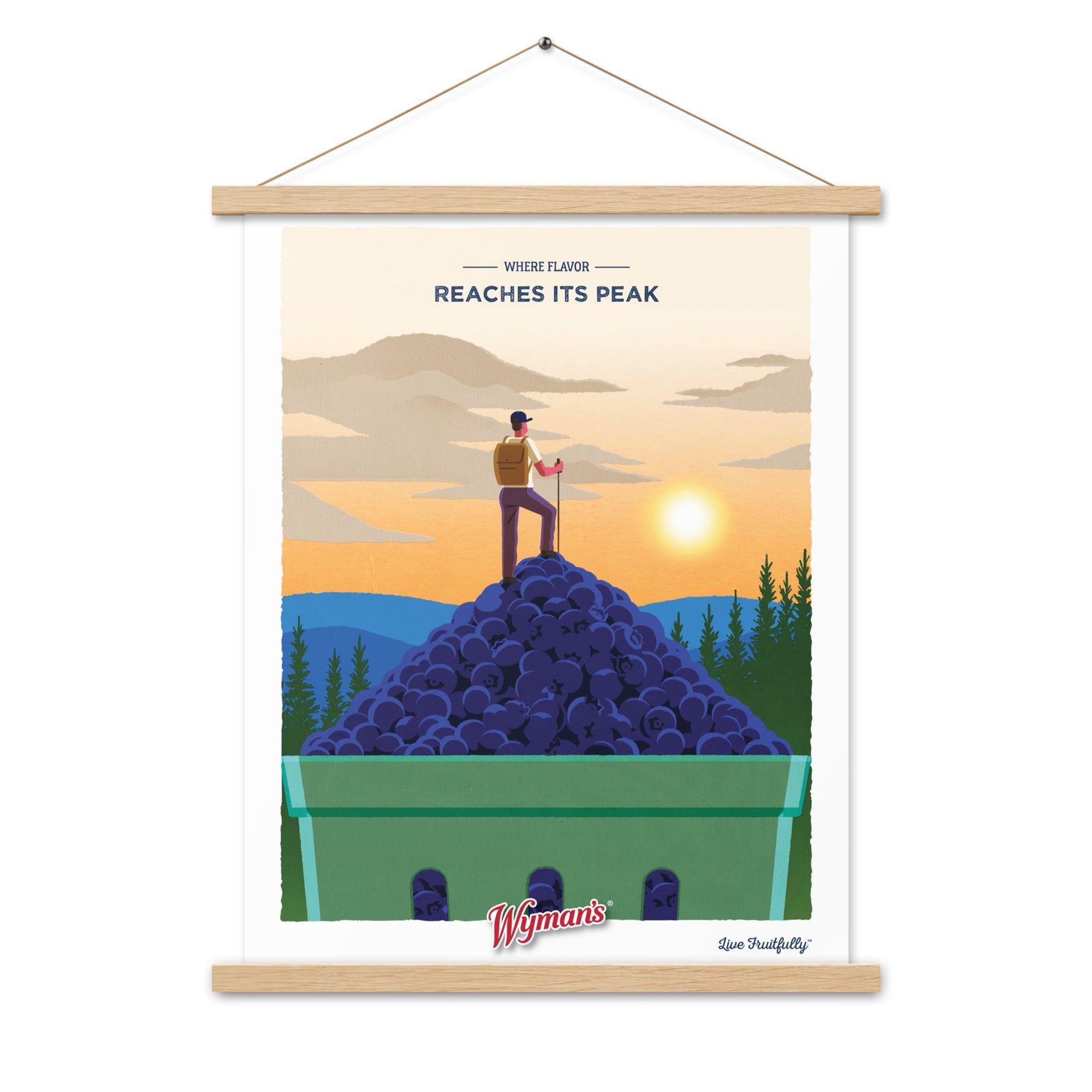 A Where Flavor Reaches its Peak Poster with a man on top of a pile of grapes from Shop Wyman's.