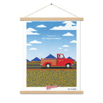 A From Our Fields to Your Family Poster with a design featuring an image of a red truck on the road by Shop Wyman's.