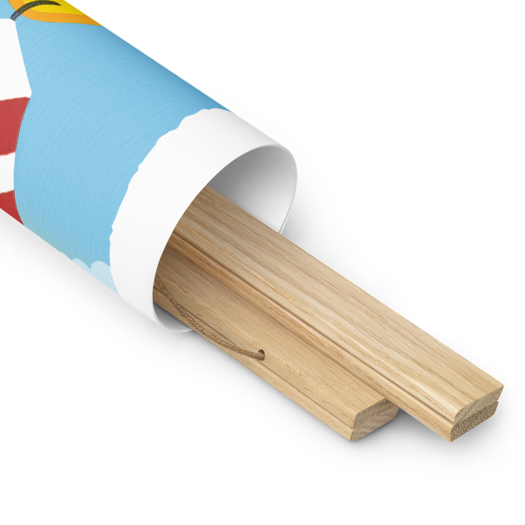 A wooden tube with a Shop Wyman's 150 Years, This is Wild Poster of a beach on it.