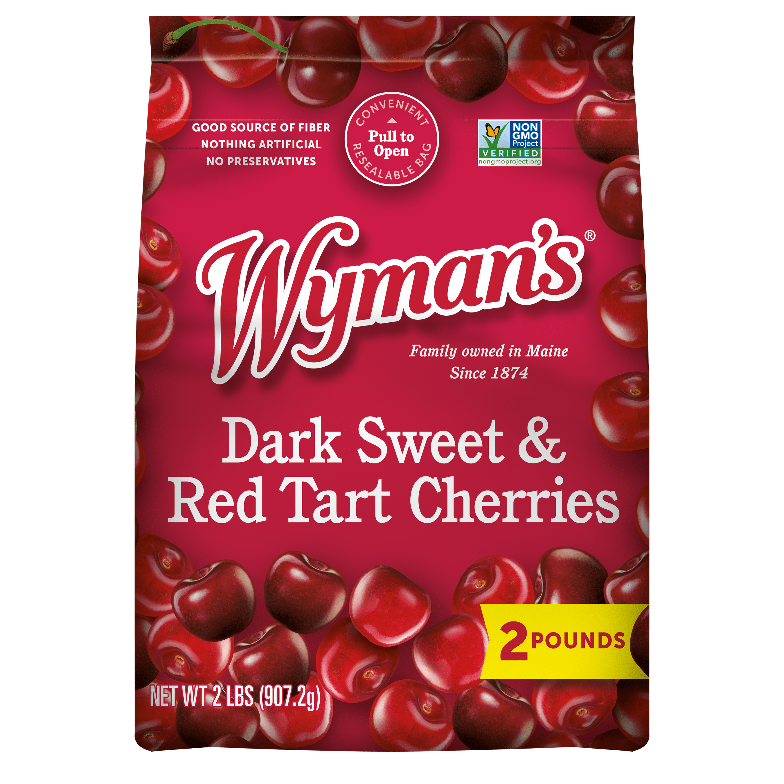 Wyman’s Dark Sweet & Red Tart Cherries, 2 lb bag, features cherry images on the packaging. Non-GMO, no preservatives, family owned in Maine since 1874—ideal for antioxidant smoothies.