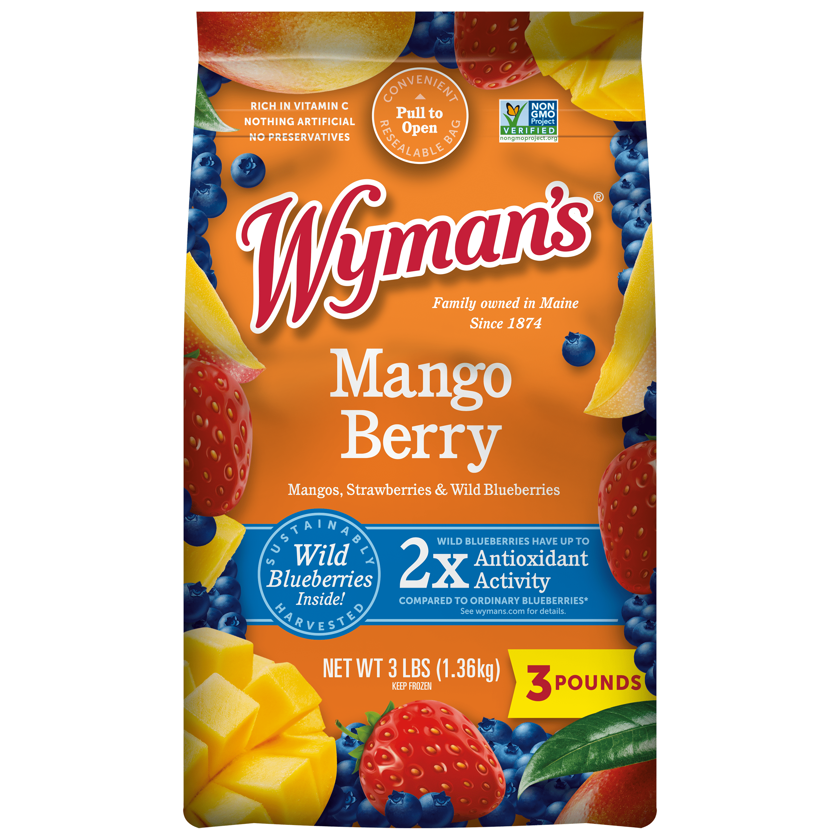 Wyman’s Mango Berry is a 3-pound bag of frozen fruit blend with mango slices, strawberries, and wild blueberries. The colorful package highlights antioxidant benefits and is ideal for healthy smoothies.