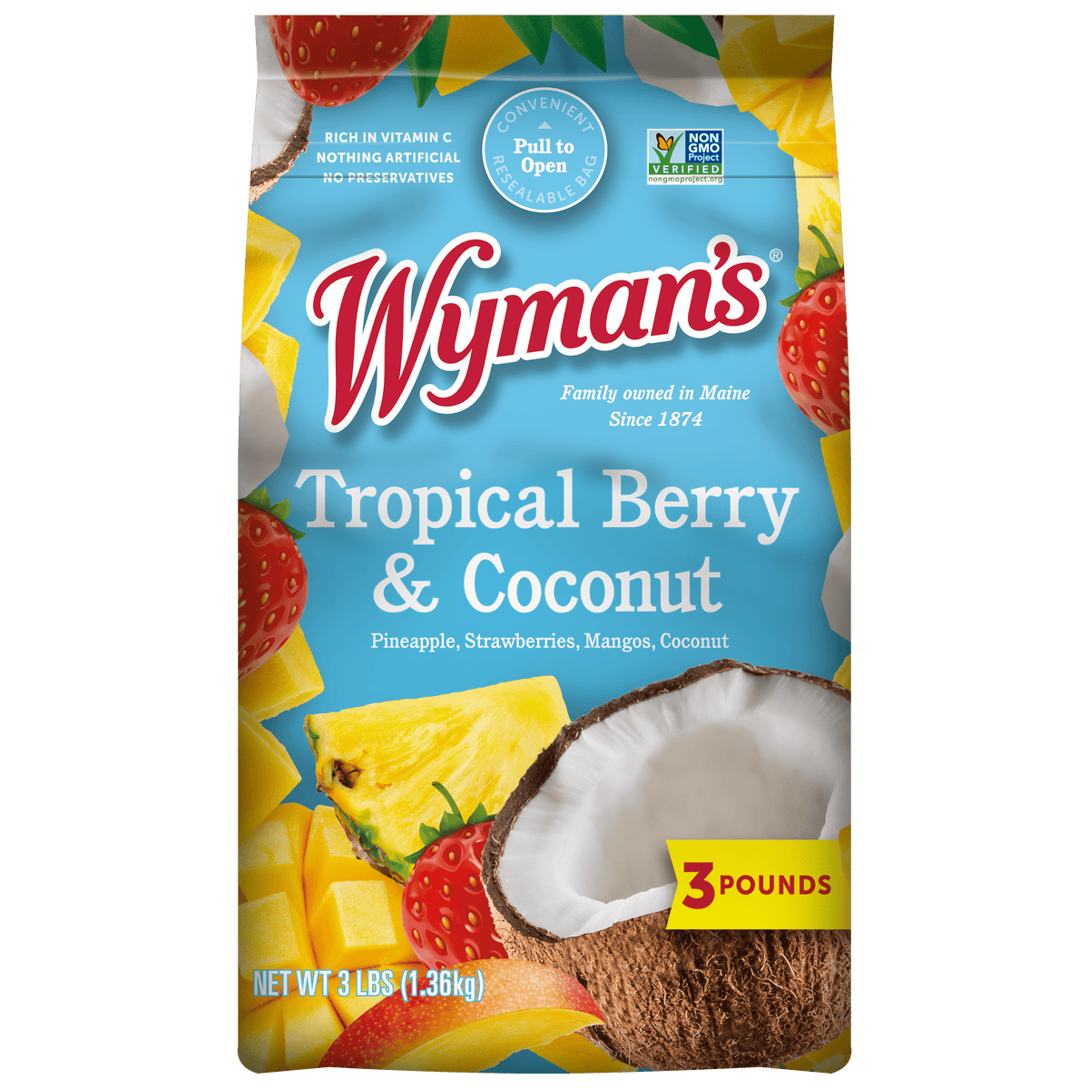Wyman’s Tropical Berry & Coconut frozen fruit mix, in a 3-pound bag, combines pineapple, strawberries, mango, and coconut—ideal for smoothies and rich in vitamin C.