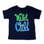 A blue and green Wyman's Wild Child Kids t-shirt with text, made of organic cotton.