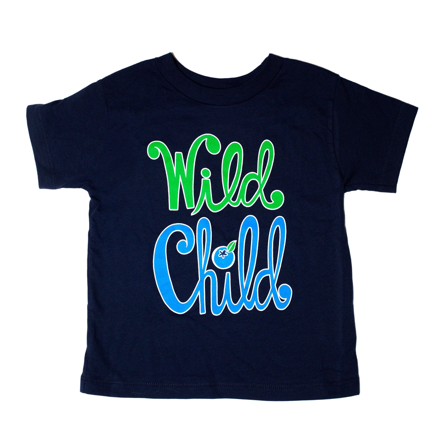 A blue and green Wyman's Wild Child Kids t-shirt with text, made of organic cotton.