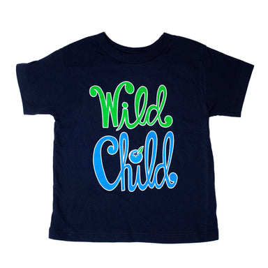 A blue and green Whitney Wyman's Wild Child Kids t-shirt with text, made of organic cotton.