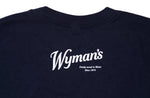An organic cotton navy Wyman's Wild Child Kids T-shirt with the word Wyman's on it.