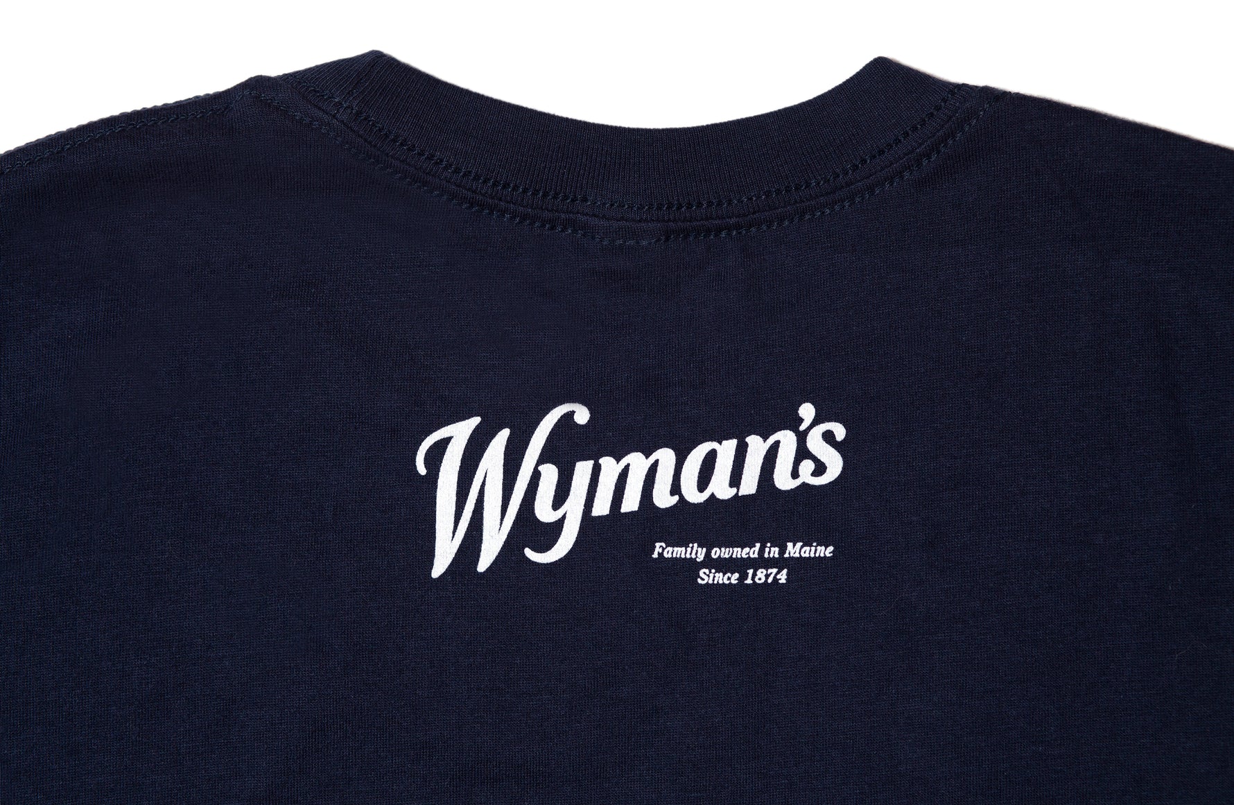 An organic cotton navy Wyman's Wild Child Kids T-shirt with the word Wyman's on it.