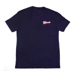 An Wyman's Rooted in Maine navy t-shirt with a pink logo on it.