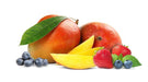 A variety of fruits including a PSS Mango Berry frozen fruit blend are shown on a white background.