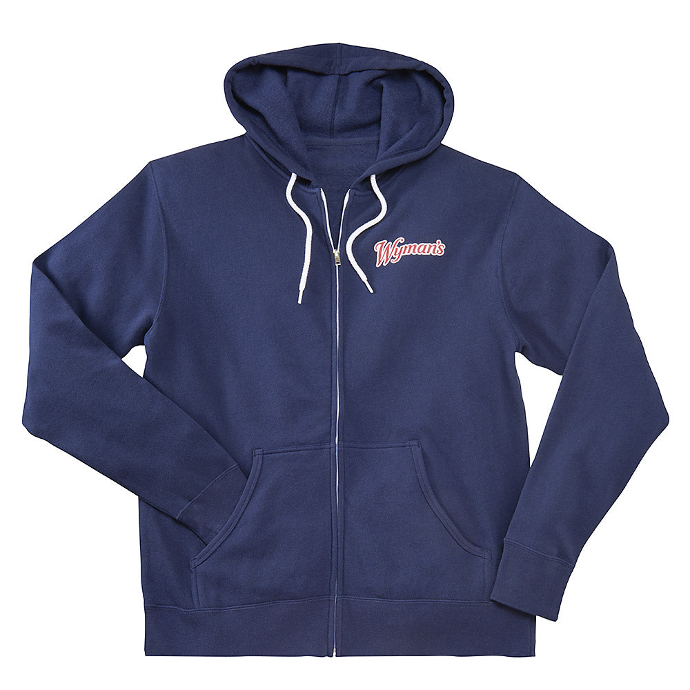 A Wyman's 'Rooted in Maine' hoodie with logo on it, available for shipping.