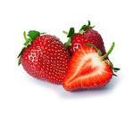 Three Wyman's fresh-frozen strawberries on a white background.