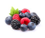 A bunch of PSS Triple Berry frozen berries on a white background.