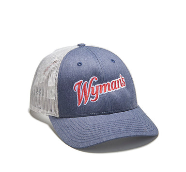 An adjustable blue and white Whitney trucker hat with the word Wyman's on it.