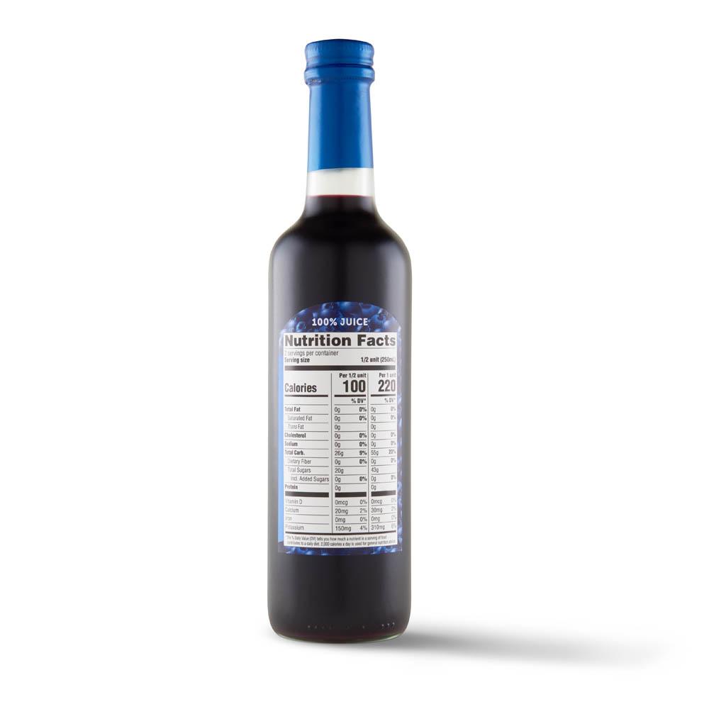 A bottle of delicious-tasting blueberry syrup made with Wild Blueberry juice and other ingredients, on a white background.