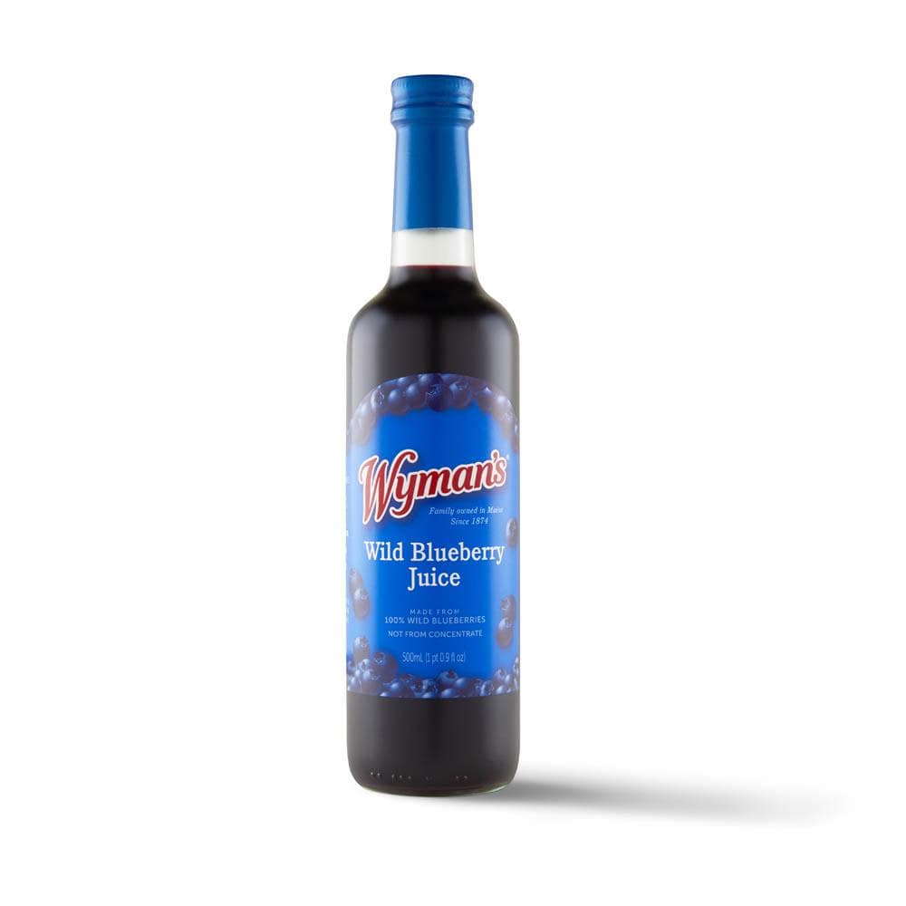 A 375 mL glass bottle of Wild Blueberry Juice with a blue cap and label, featuring images of wild blueberries and labeled as made from 100% wild blueberries.